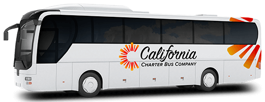 a plain white charter bus with a "California Charter Bus Company" logo